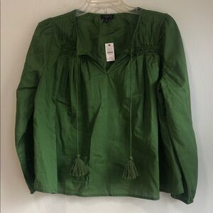 Talbots pleated tie neck Green Blouse with Tassel Accents boho peasant